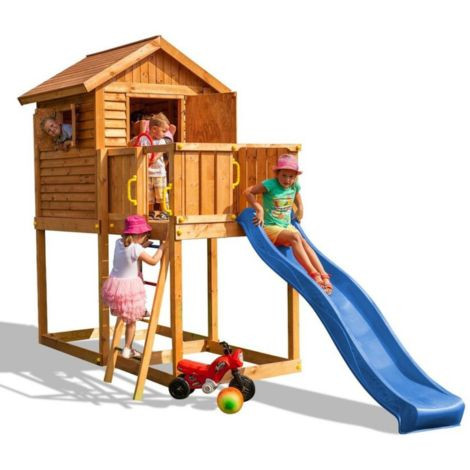 Fungoo komplett játszótér My House Teak festéssel és 2,2 m-es kék csúszdával